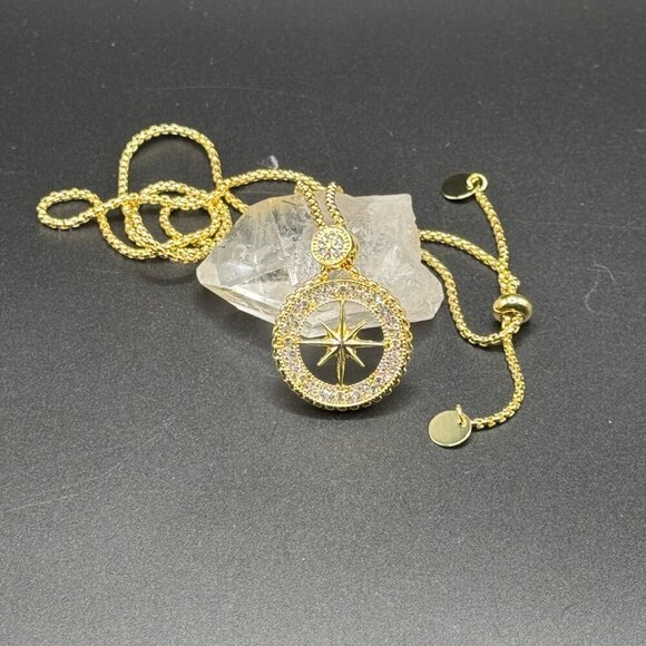 Gold Tone Compass Necklace with Rhinestones #1459 - Picture 16 of 16